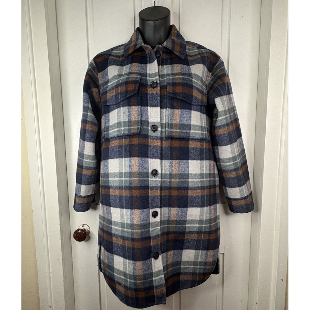Women's Long Wool Blend Shacket Plaid Winter Trench Coat Rails Jaro M Blue EUC
